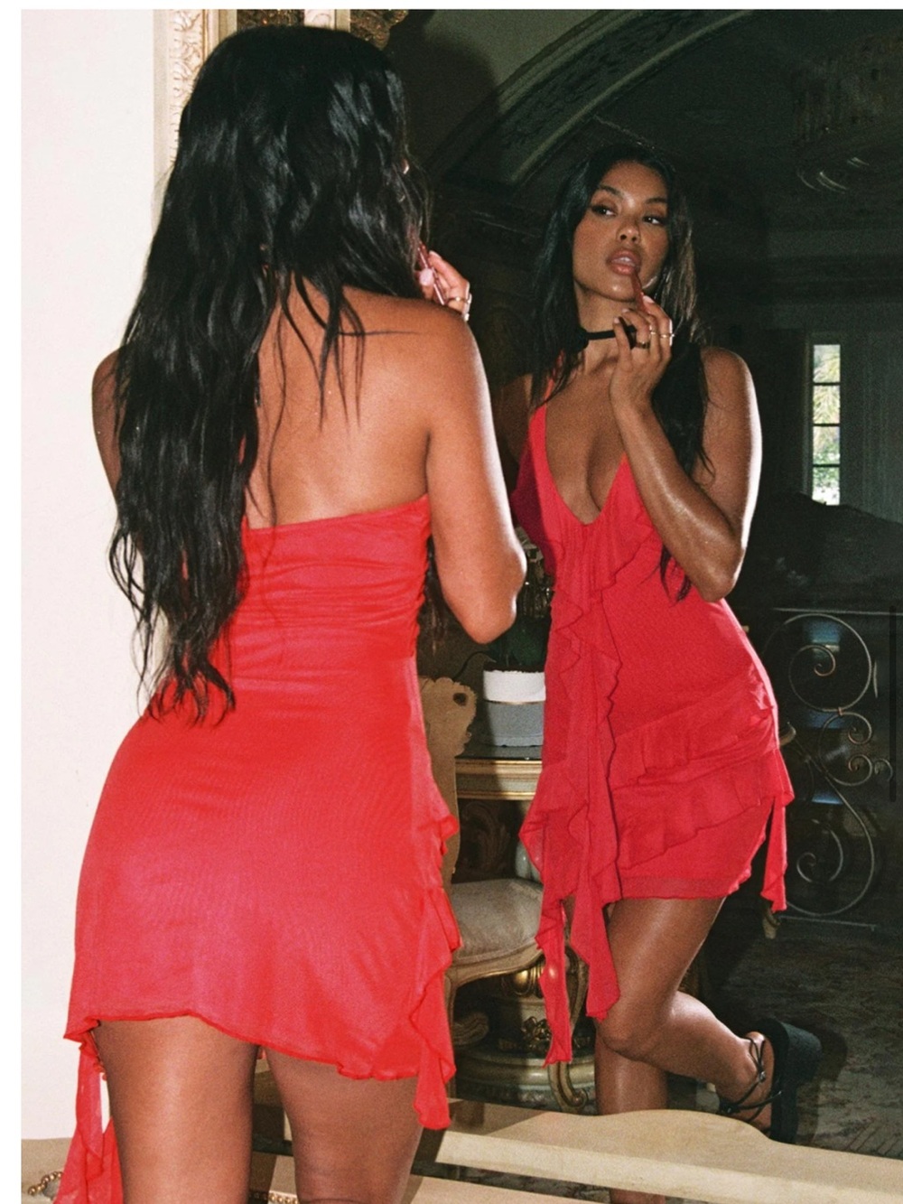 Princess Polly Red Ruffle V-Neck Mini Dress